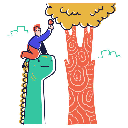 Graphic illustration of a man reaching for an apple tree